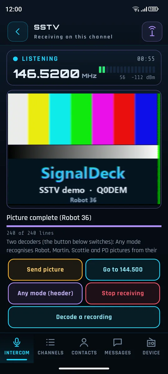 SSTV page showing a received Robot 36 test picture